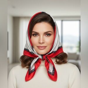 Christian Dior • Vintage Silk Scarf Square Ivory Houndstooth Black Leaf Red